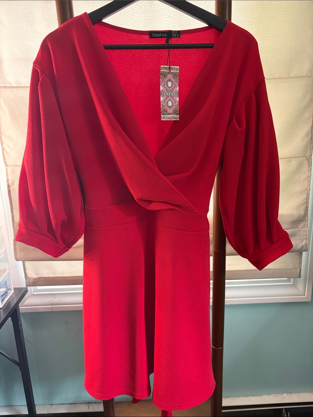 Boohoo Bright Red V-Neck Wrap Mini Dress with Balloon Sleeves